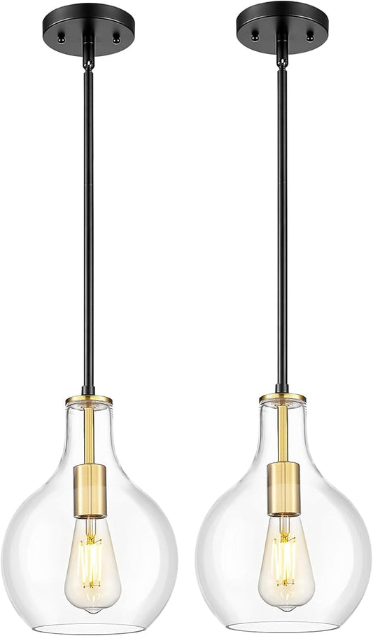 Emak 2 Pack Modern Pendant Lights Kitchen Island, Black and Gold Pendant Light Fixtures with Clear Glass Shade, Farmhouse Hanging Lights for Kitchen, Dining Room, Bathroom, PL125-BKBGD-CG-2PK