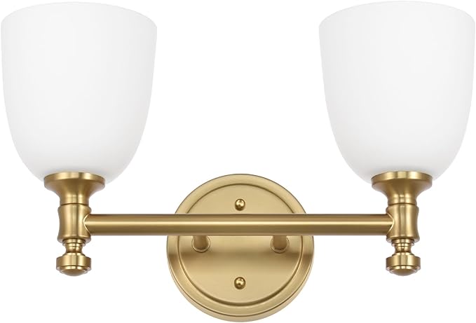 Gold Bathroom Vanity Light Fixtures, 2-Light Over Mirror, Traditional Vanity Lights for Living Room, Milk White Glass Shades, Standard E26 Base, Aged Brass, 16.3" W x 9.4" H x 6.25" D