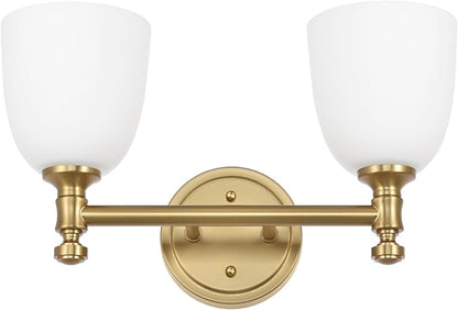Gold Bathroom Vanity Light Fixtures, 2-Light Over Mirror, Traditional Vanity Lights for Living Room, Milk White Glass Shades, Standard E26 Base, Aged Brass, 16.3" W x 9.4" H x 6.25" D