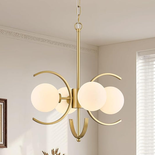 Modern Gold Sputnik Chandelier L16.5”4-Light Mid Century Milk Glass Globe Ceiling Pendant Light Fixture Small Industrial Chandeliers for Dining Room Kitchen Entryway Hallway