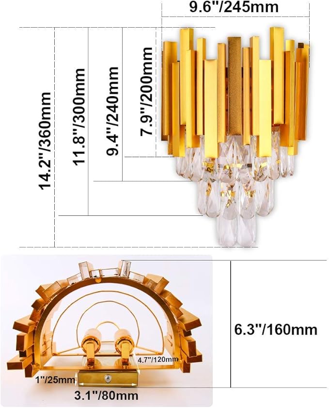 FRIXCHUR RIXCHUR Gold Crystal Wall Sconce 3-Tier Modern Wall Light Fixture for Bedroom Dining Room Hallway Staircase, 2 x E12 Base (Bulb Not Included)