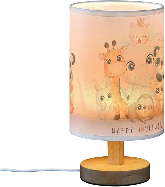 Cute Animal Watercolor Elephant Giraffe Panda Sloth Bunny Bear Cat Table Lamp with Wood Base Fabric Lamp Shade Bedside Nightstand Desk Lamp for Living Room Bedroom Kids Room Office