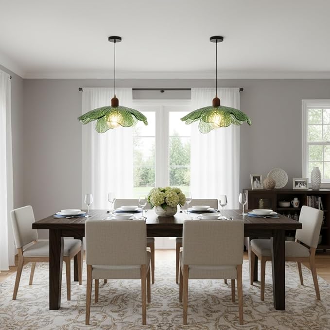 Green Glass Pendant Light Fixtures, 15.75" Hanging Ceiling Light Adjustable Vintage Floral Glass Chandelier for Bedroom Nursery Vanity Kitchen Island