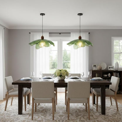 Green Glass Pendant Light Fixtures, 15.75" Hanging Ceiling Light Adjustable Vintage Floral Glass Chandelier for Bedroom Nursery Vanity Kitchen Island
