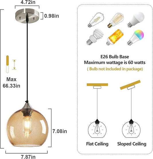 Light Brown Glass Pendant Lights Kitchen Island Lighting Globe Pendant Light Fixtures Modern Pendant Lighting for Bedroom Living Dining Room Light Fixture (7.87 in, 3 Pack)
