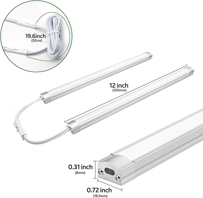 AIBOO Under Cabinet Lighting, Dimmable 12 inch Under Counter Lights, 120V Plug in & Hardwired, Linkable LED Closet Lights for Kitchen, Shelf, Workbench, Desk,Cupboard,Garage (6 PCS), Warm White 3000K