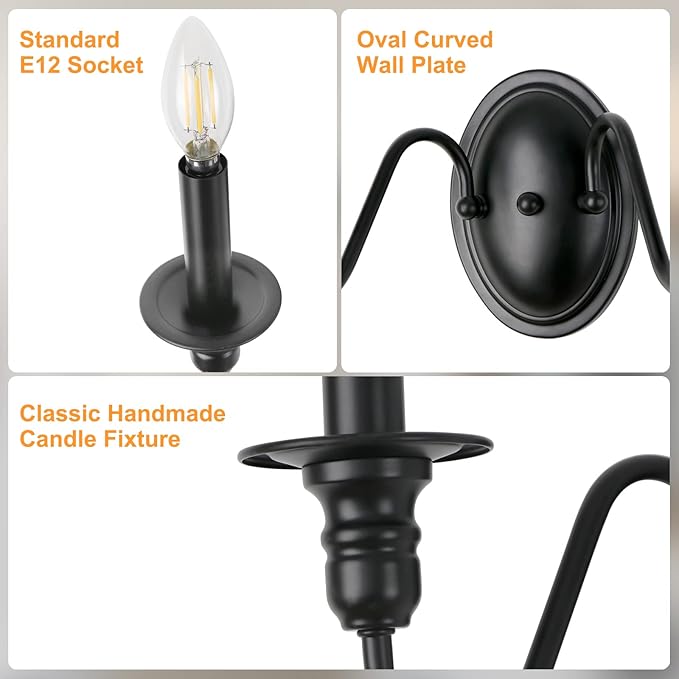 Farmhouse Wall Sconce 2 Pack, Black Wall Sconces Set of Two, Industrial Candle Sconces Wall Lighting, Classic Wall Light Fixtures Indoor for Bedroom Stairs Hallway Living Room Entryway