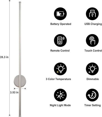 Battery Operated Modern Wall Sconces, Dimmable Wireless Wall Light Set of Two with Remote Control, 3 Color Temperatures, Rechargeable LED Wall Sconce for Bedroom, Living Room,Hallway, 39.3 Inch Nickel