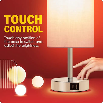 Yarra-Decor Bedside Lamp with USB Port - Touch Control Table Lamp for Bedroom 3 Way Dimmable Nightstand Lamp with Round Pink Fabric Shade for Living Room, Dorm, Home Office (LED Bulb Included)