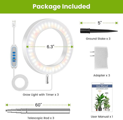 Kullsinss White Grow Light, Full Spectrum LED Plant Lighs for Indoor Growing with 6/12/16H Timer, 3 Color Modes, 5 Brightness, 10"-60" Height Adjustable Plant Lamp for Tall Indoor Plants (3 Pack)