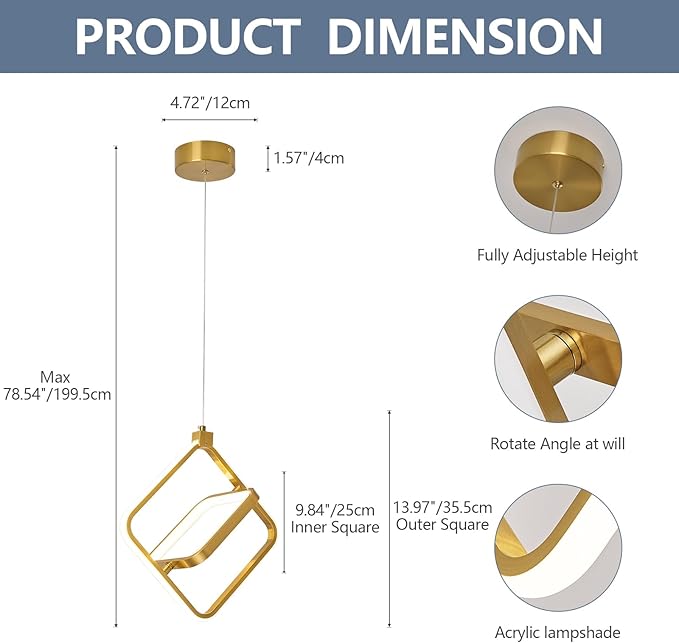 Modern LED Chandelier Gold Rectangular Pendant Light Fixtures 4000K 20W Dimmable Height Adjustable Pendant Lighting for Dining Room Kitchen Island Bedroom Living Room Foyer（3-Pack）