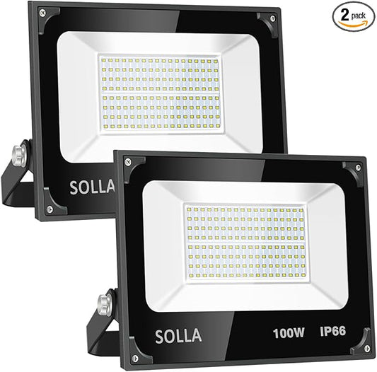 SOLLA 2 Pack 100W Led Flood Light, 8000lm 6000K Daylight White Exterior Flood Lighting, Outdoor Indoor Flood Light Fixture Landscape Security Floodlight Spotlight for Yard, Garden, Garage, Rooftop