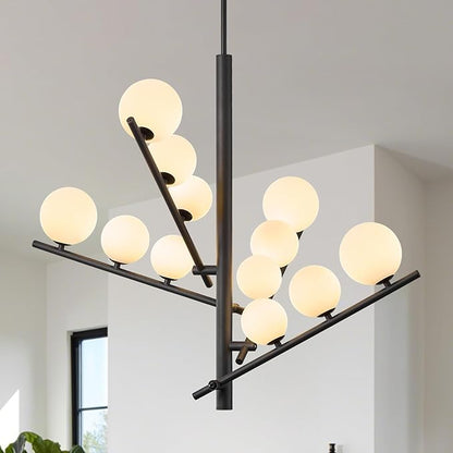 CATINER 12 Lights L36”Black Sputnik Chandeliers Mid Century Modern Chandelier for Dining Room Ceiling Pendant Lighting with Milk Glass Globe Shades for High Ceiling Foyer Living Room