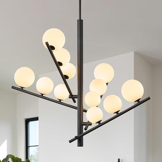 CATINER 12 Lights L36”Black Sputnik Chandeliers Mid Century Modern Chandelier for Dining Room Ceiling Pendant Lighting with Milk Glass Globe Shades for High Ceiling Foyer Living Room
