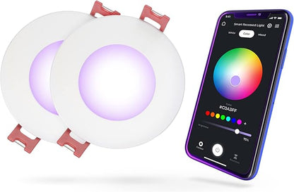 GLOBE Electric 50466 Wi-Fi Smart 3" Ultra Slim LED Recessed Lighting Kit 2-Pack, No Hub Required, Voice Activated, 7 W, Multicolor Changing RGB, Tunable White 2000K - 5000K, 390 Lumens, Wet Rated