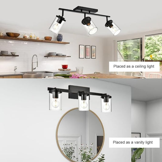 BONLICHT Industrial Vintage Indoor Wall Mount Spotlight 3 Light Modern Semi Flush Mount Ceiling Light Black Adjustable Track Lighting Kit Rustic Bathroom Vanity Light Fixture with Clear Glass Shade