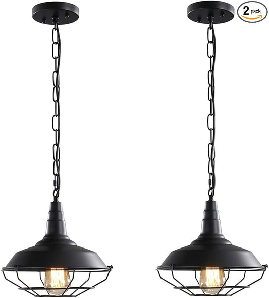 Industrial Pendant Lights 2 Pack Farmhouse Pendant Lights with Adjustable Chain, D10.2 Rustic Pendant Lighting Barn Black Metal Hanging Lights with Wire Cage for Kitchen Island Dining Room