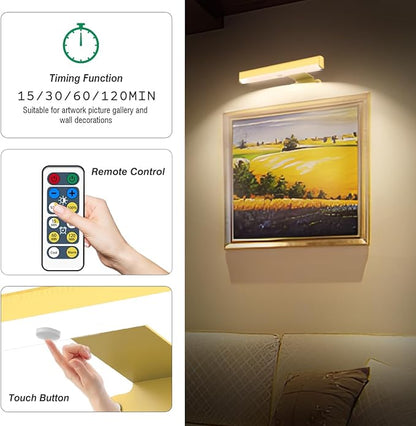 4Pack Wireless Picture Light with Remote,Battery Operated Wall Sconces for Wall Decor,3 Color Timer&Dimmable Paintings Light LED Art Display Lamp Picture Frame Light for Artwork Posters Gallery-Gold