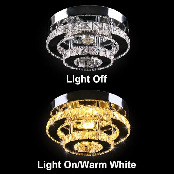 2-Tier Crystal Flush Mount Mini Chandelier Ceiling Light, 30W LED Modern Round Ceiling Fixture for Hallway Entryway Staircase Kitchen, Warm White (2500–3500K)