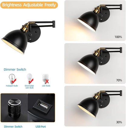 Swing Arm Wall Sconces, Plug-in Wall lamp,Bedroom Wall lamp ， White Fabric Shade，，with dimmable Switch and USB Charging Port, Suitable for Bedside, Living Room, Reading (Metallic Black)