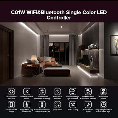 SEZO C01W WiFi Bluetooth Single Color LED Strip Controller Group Control Support Tuya Smart Life APP/Voice Control Compatible with LM091 LM096 LM007 LM097 Single Color Remote DC12-24V