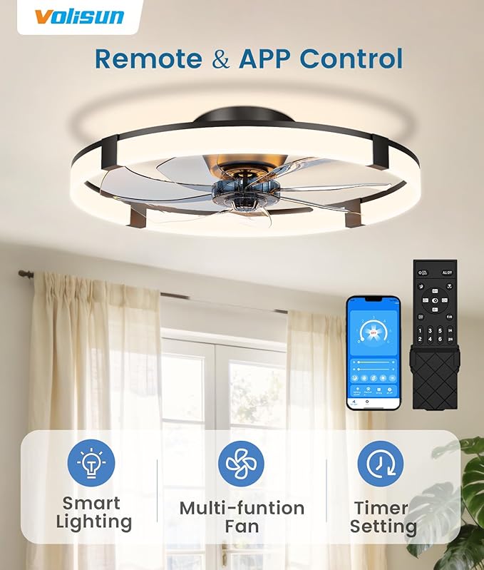VOLISUN Low Profile Ceiling Fans with Lights and Remote, 23.6in Flush Mount Ceiling Fans with Light, 3000K-6500K Dimmable Fandelier Ceiling Fan, Black Bladeless Ceiling Fan for Bedroom