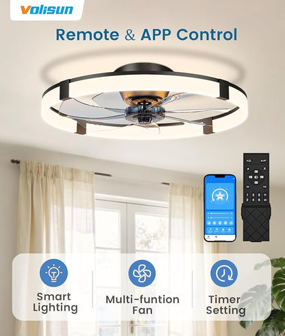 VOLISUN Low Profile Ceiling Fans with Lights and Remote, 23.6in Flush Mount Ceiling Fans with Light, 3000K-6500K Dimmable Fandelier Ceiling Fan, Black Bladeless Ceiling Fan for Bedroom
