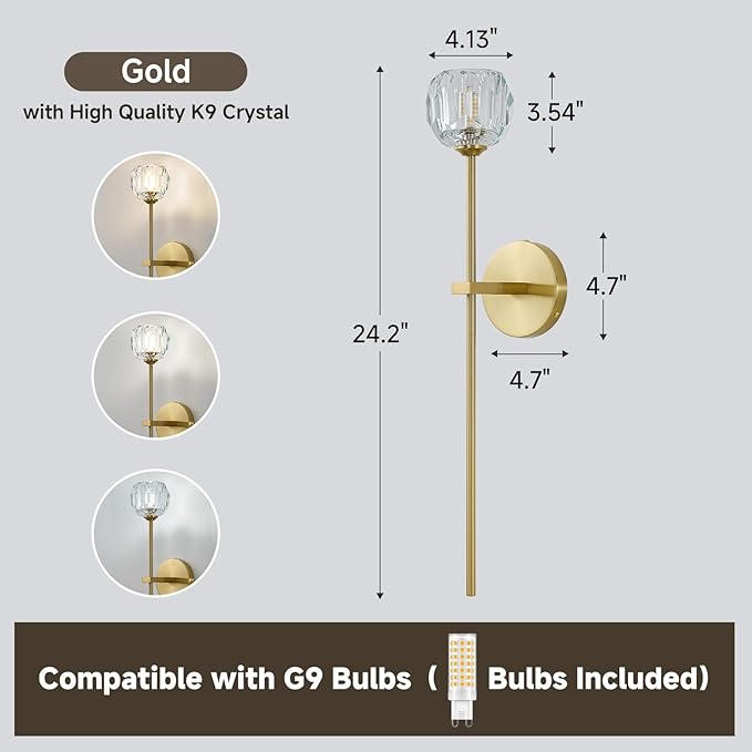 Gold Crystal Wall Sconces Set of Two with G9 Bulbs, Mid Century Modern Diamond Light Brass Vintage Long Lighting Fixture Hardwired for Elegant Vanity Living Room Bedroom Bathroom Hallway