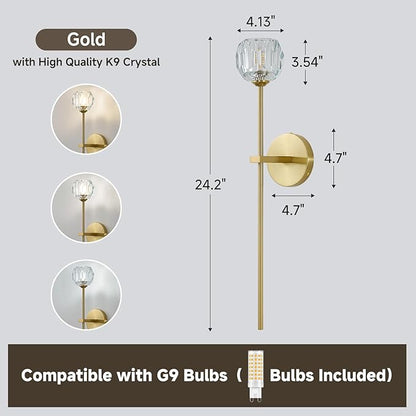 Gold Crystal Wall Sconces Set of Two with G9 Bulbs, Mid Century Modern Diamond Light Brass Vintage Long Lighting Fixture Hardwired for Elegant Vanity Living Room Bedroom Bathroom Hallway