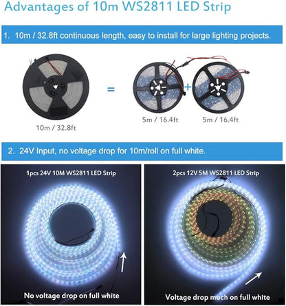 ALITOVE 32.8ft 24V WS2811 Addressable RGB-IC LED Strip Light 600LEDs Programmable Dream Color Flexible LED Pixel Light Chasing Effect LED Rope 5050SMD Non-Waterproof Black PCB(No Adapter & Controller)