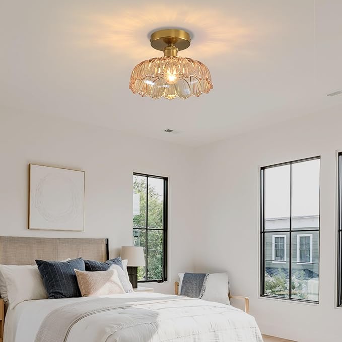 Semi Flush Mount Ceiling Light Mid Century Modern Floral Amber Glass Shade, Close to Ceiling Lighting Fixtures for Bedroom, Bathroom, Kitchen, Closet Laundry Room, Foyer and Hallway 9.45 in