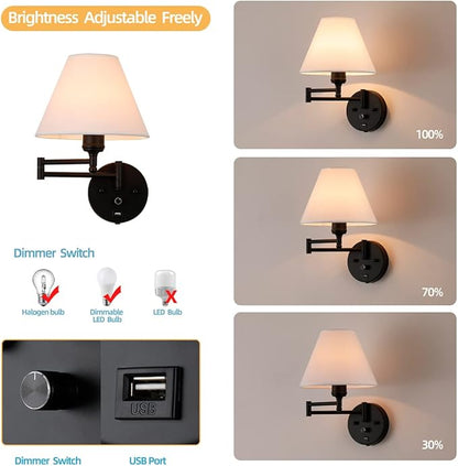 Swing Arm Wall Sconces, Plug-in Wall lamp,Bedroom Wall lamp ， White Fabric Shade，，with dimmable Switch and USB Charging Port, Suitable for Bedside, Living Room, Reading (Black)