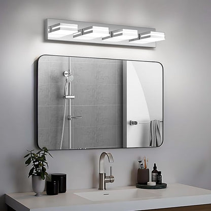 Modern LED Bathroom Lights Fixtures 4-Light,Stainless Steel Chrome Acrylic Wall Lighting,Vanity Lights for Bathroom Over Mirror 6000k 27in