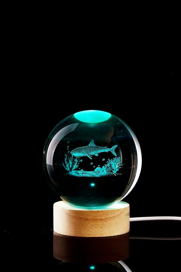 Shark Crystal Ball Night Light, 3.15 Inch K9 Crystal Ball with Wooden Base, 16 Colors, Remote Control, Art Deco Decor