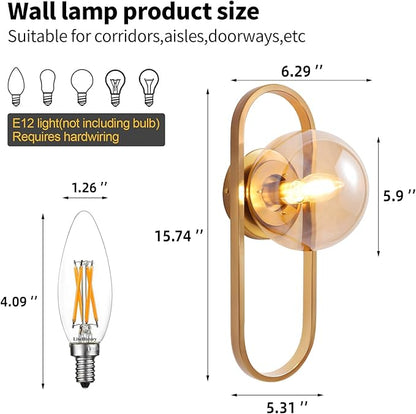 Gold Wall Lamp Sconces Set of 2 with Amber Globe Glass Shade - Wall Lights for Living Room & Bedrooms