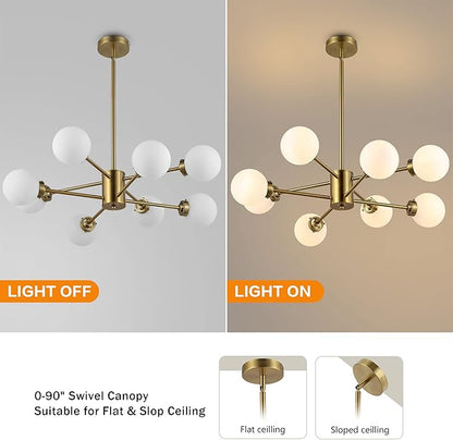 WINGBO 8-Light Sputnik Chandelier, Modern Pendant Light Fixture with 4.7" Opal White Glass Globe Shade for Flat and Slop Ceiling, Height Adjustable for Kitchen Living Room Dining Room Bedroom, Gold