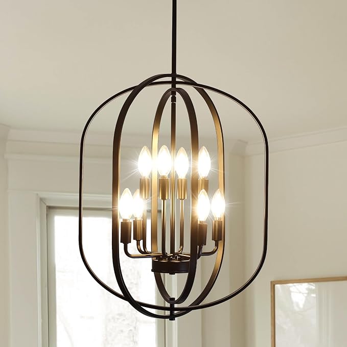 Black Chandelier for Dining Room Light Fixture, 8-Light Foyer Lighting Fixtures Adjustable Pendant Lights Kitchen Island Rustic Modern Farmhouse Chandelier for Entryway, Living Room, Foyer, Bedroom