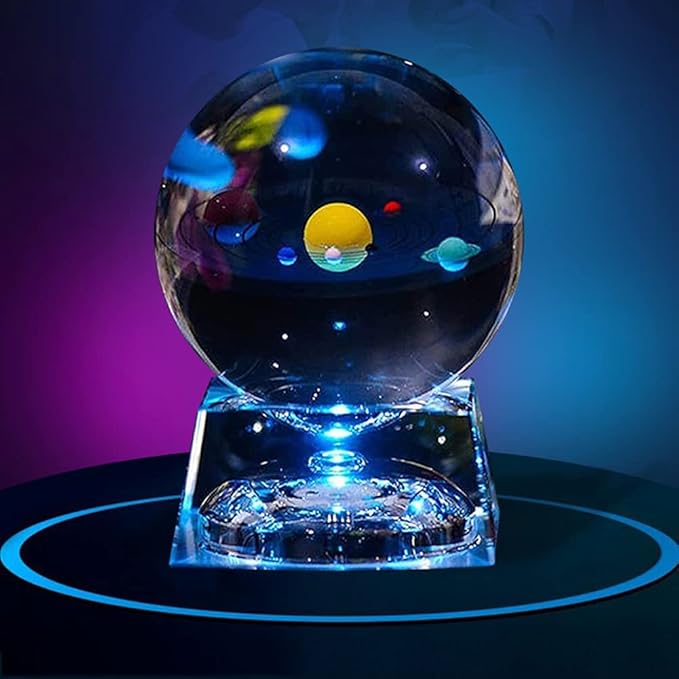 Zulux Solar System Balls - Crystal Ball for Kids with LED Lamp Base, Clear 80mm(3 inch) Glass Sphere for Birthday Gifts, Teacher Gifts,Gift for Anniversary and Boyfriend Birthday
