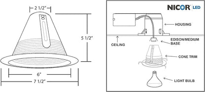NICOR Lighting 6 inch White Wet Location Rated Cone Baffle Trim, Fits 6 inch Housings (17550AWL)