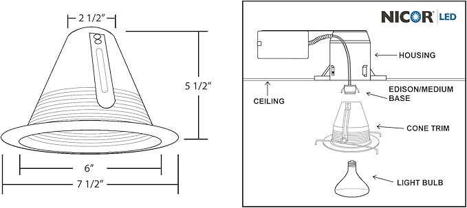 NICOR Lighting 6 inch Nickel Wet Location Rated Cone Baffle Trim, Fits 6 inch Housings (17550ANKWL)