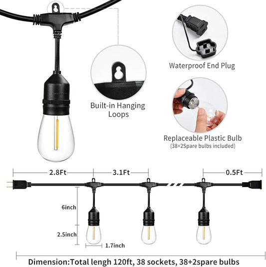 120 FT Outdoor String Lights LED Waterproof with 40 Shatterproof Plastic Warm Edison Bulbs String Bistro Lights for Patio Gazebo Pergola Market