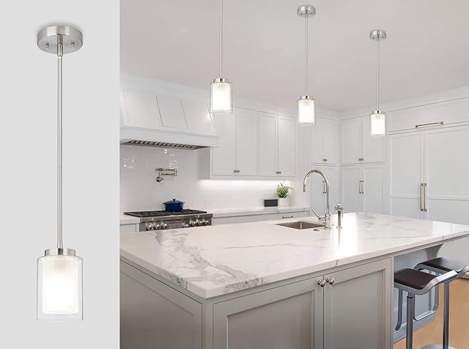 XiNBEi Lighting Pendant Lighting Modern 1 Light Mini Pendant Light with Dual Glass in Brushed Nickel, Adjustable Hanging Ceiling Light for Kitchen & Living Room XB-P1195-BN