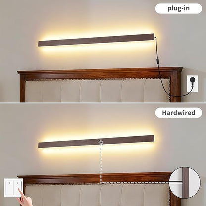 KELUOLY Farmhouse Plug in Long Wall Sconce, 39.3" Faux Walnut Finish LED Wall Lights, 20W Warm White 3000K Acrylic Indoor Wall lamp, with 59" Plug Cable for Bedroom, Living Room, Hallway