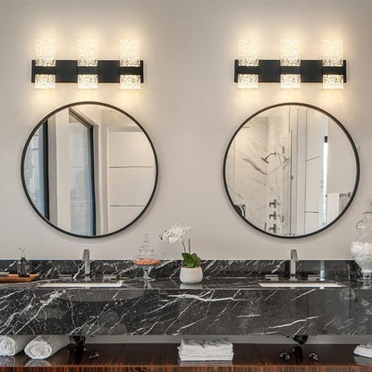 Modern Matte Black 3 Lights Bathroom Vanity Light, Eleglant Black LED Bathroom Light Fixtures over Mirror, Dimmable Acrylic Shade Wall Lighting Fixtures, Hardwired Wall Light(H9.25in, L21.26in)