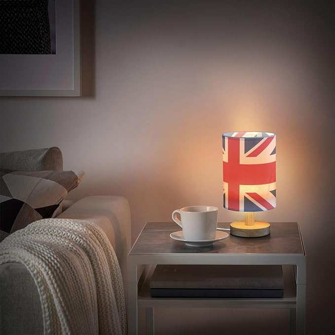 Table Lamp British Flag England London Union Jack Nightstand Lamp with Wood Base Fabric Lamp Shade Bedside Desk Lamp for Living Room Bedroom Kids Room Office