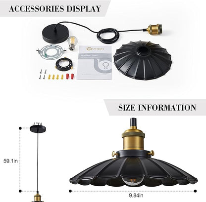 Black Pendant Light, 9.8 Inch Retro Hanging Lamp for Bedroom, Glossy Hanging Kitchen Lights Living Room 6.5Ft Height Adjustable Indoor Pleated Pendant Light