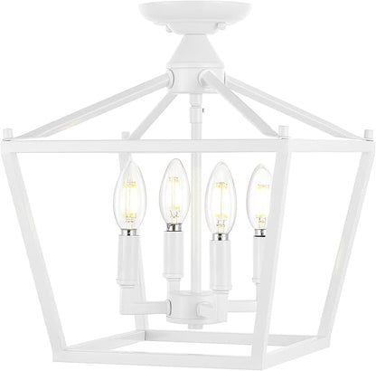 JONATHAN Y 12" White Modern Farmhouse Pagoda 4-Light LED Semi Flush Mount Lantern, Metal Ceiling Light Fixture for Kitchen, Hallway, Entryway, Bedroom, Hardwired (JYL7610E)