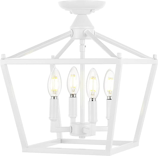 JONATHAN Y 12" White Modern Farmhouse Pagoda 4-Light LED Semi Flush Mount Lantern, Metal Ceiling Light Fixture for Kitchen, Hallway, Entryway, Bedroom, Hardwired (JYL7610E)