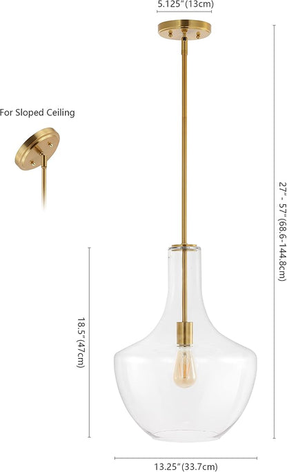 JONATHAN Y 13.25" Brass Gold/Clear Mid-Century Modern 1-Light LED Pendant Light Fixture, Adjustable Schoolhouse Hanging Lamp for Kitchen Island, Clear Glass Shade, LED Bulb Included (JYL6401C)