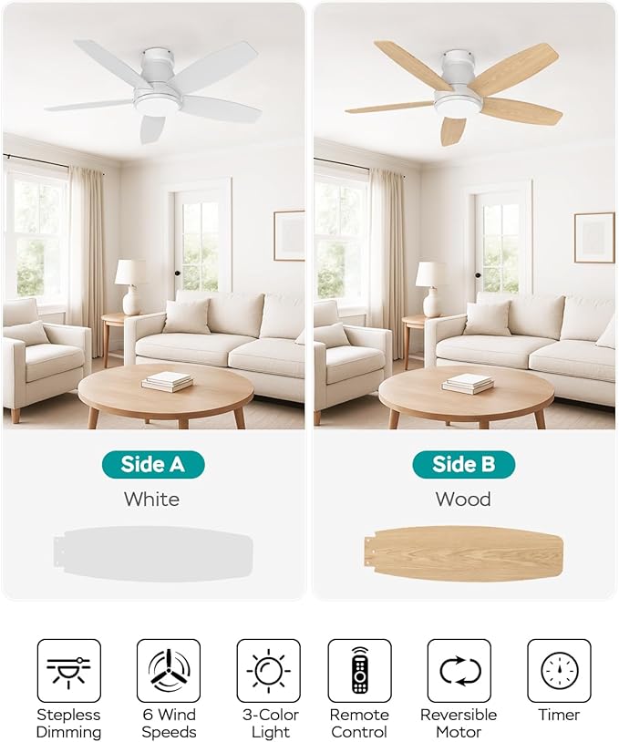 42 Inch Ceiling Fans with Lights, Quiet Reversible Fan with Remote & APP Control, 6-Speed, 3 Color Temperatures Dimmable LED, DC Motor, Low Profile Ceiling Fan for Bedroom Living Room, White